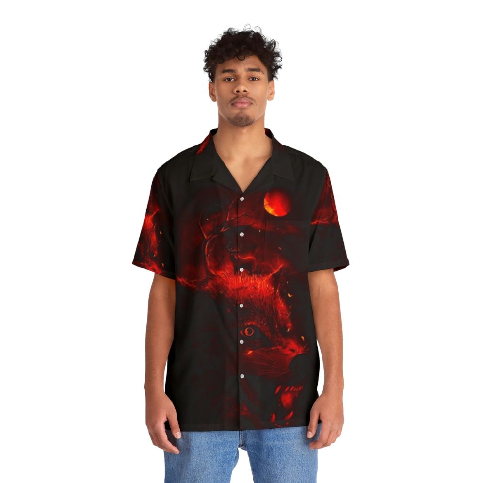 Red Hawaiian shirt with animal prints, nature, and night sky motifs - People Front