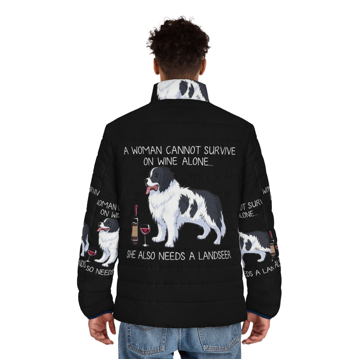 Landseer dog wearing a puffer jacket with a funny dog and wine graphic - men back