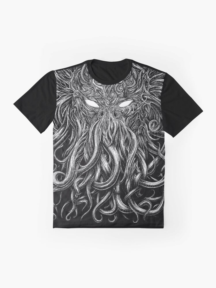 A black t-shirt featuring a graphic design of the Cthulhu creature from H.P. Lovecraft's horror stories. - Flat lay