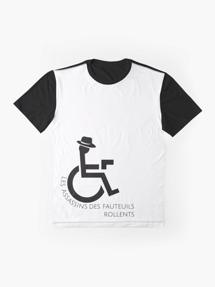 Infinite Jest graphic t-shirt featuring the "Assassins des Fauteuils Rollents" design, a nod to the classic novel by David Foster Wallace. - Flat lay