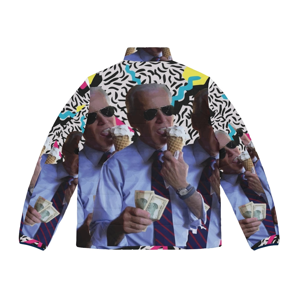 Man wearing a puffer jacket with "Biden FTW" design in a 90s vaporwave aesthetic - Back