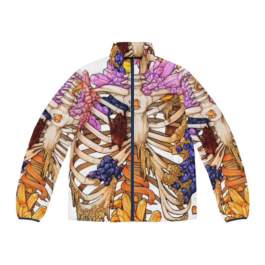 Hidden Gem Puffer Jacket featuring a skeleton design with colorful gems and crystals