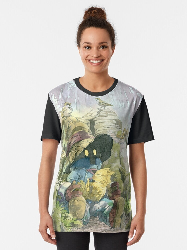 Vivi Rain Graphic T-Shirt featuring a design with the character Vivi from the Final Fantasy video game series - Women