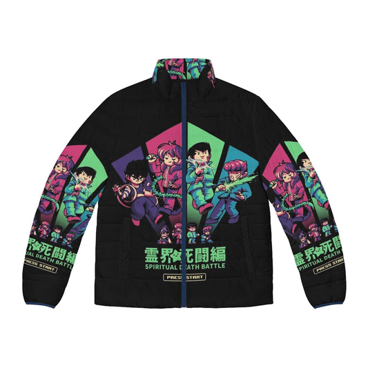 Spiritual Battle Puffer Jacket with anime-inspired 90s pixelart design