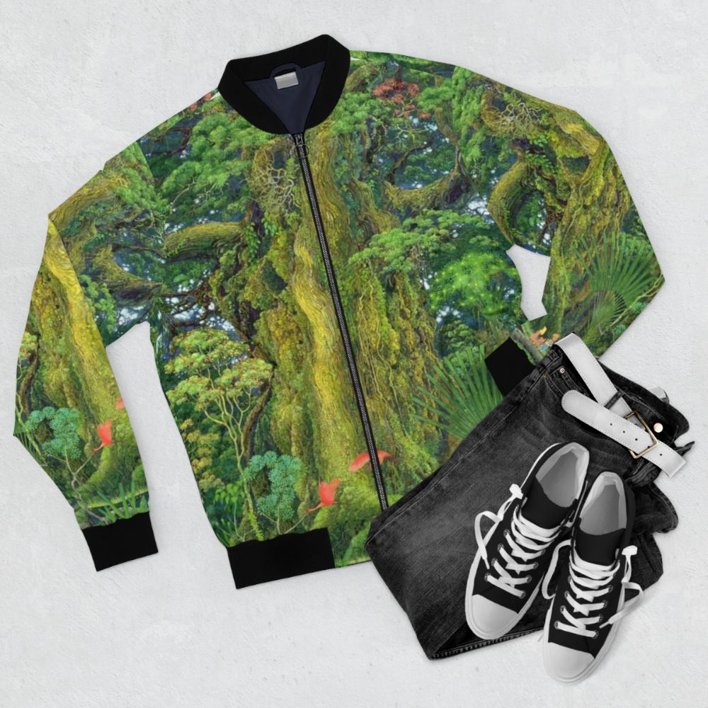 Secret of Mana inspired bomber jacket with game graphics and logo - Flat lay