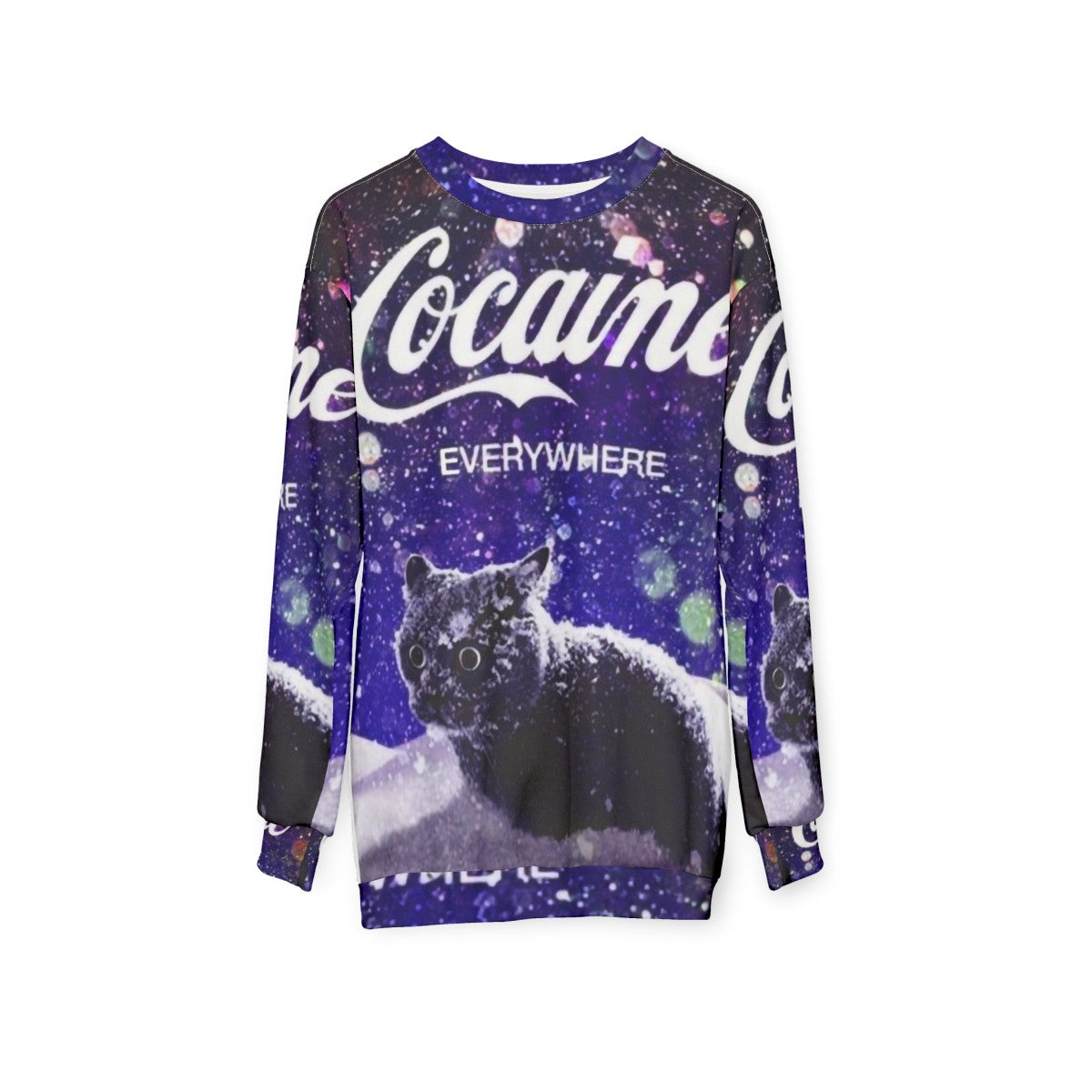 Cocaine Cat Sweatshirt with Quirky Cat Graphic - hanging