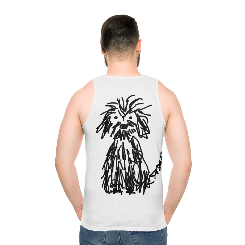 Unisex dog themed tank top with shaggy dog illustration - men back