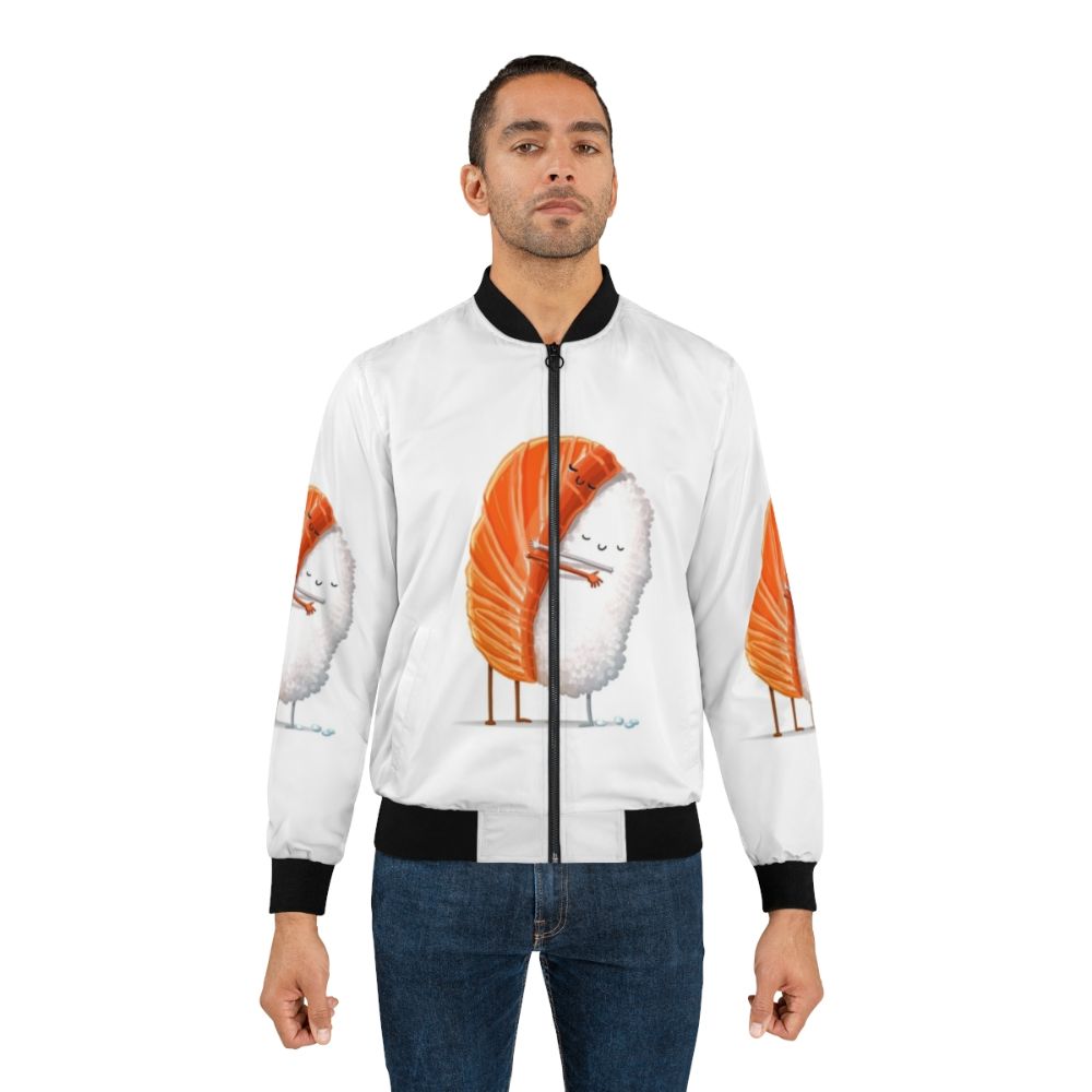 Sushi-themed bomber jacket with a hug design, perfect for Japanese food and anime fans - Lifestyle