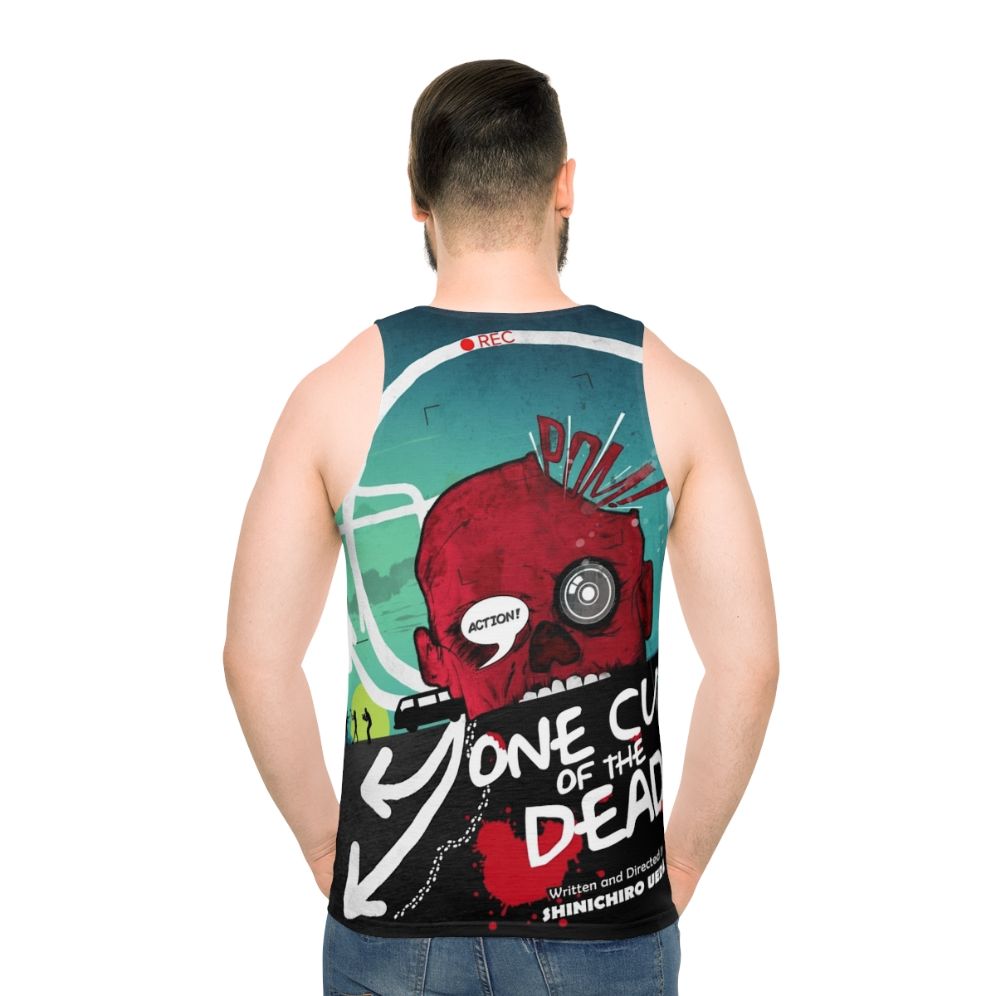 One Cut of the Dead unisex tank top featuring a zombies parody design - men back