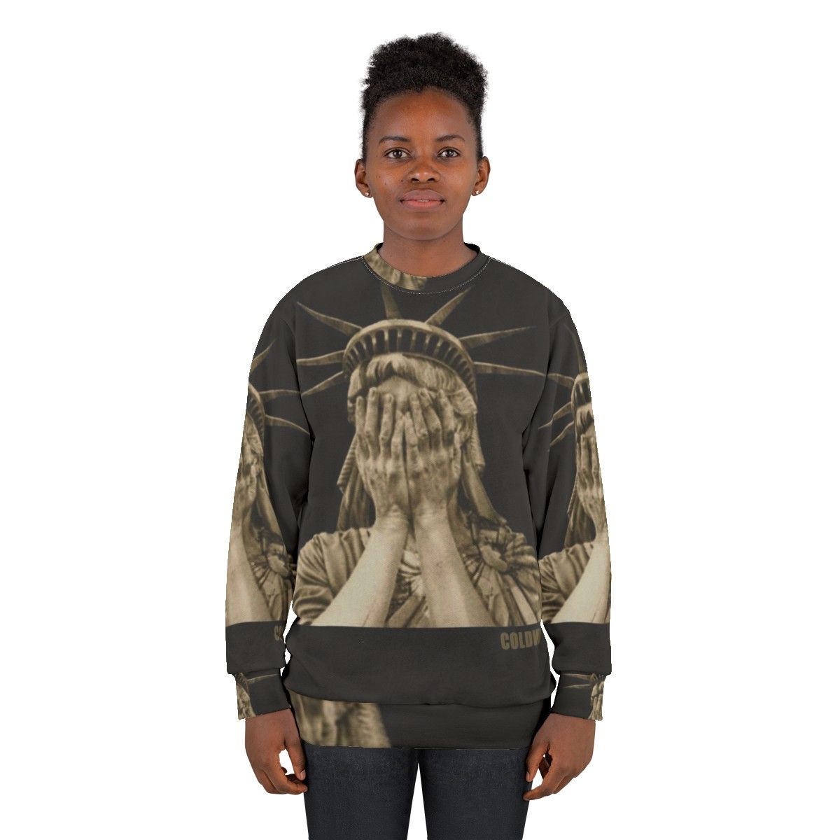 Woman wearing a Lady Liberty graphic sweatshirt - women