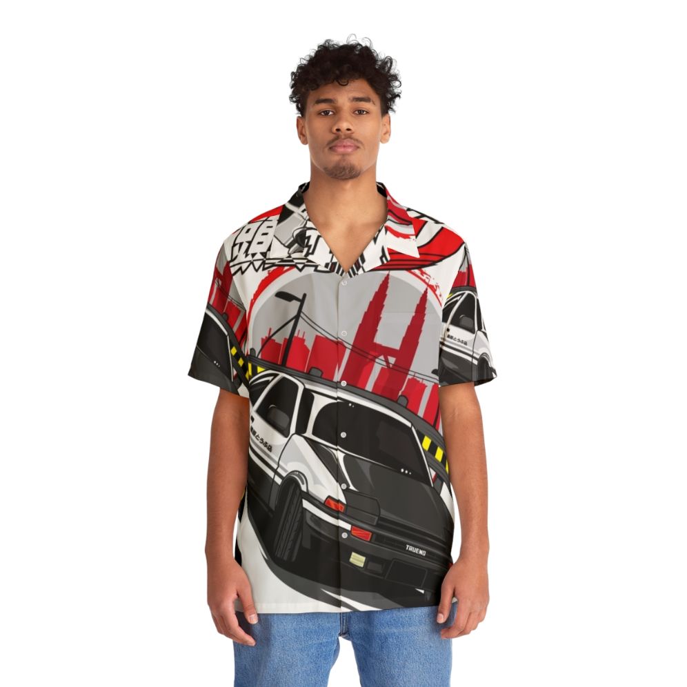 Initial D Themed Hawaiian Shirt with Vintage Automotive Graphics - People Front