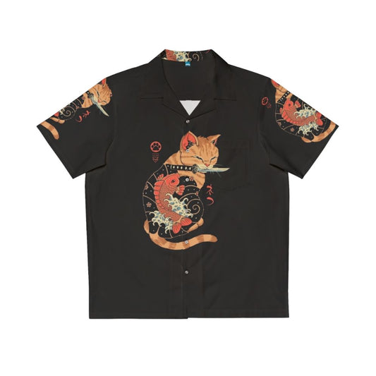 Retro Carp Tattooed Cat Hawaiian Shirt with Japanese-inspired Tattoo Design