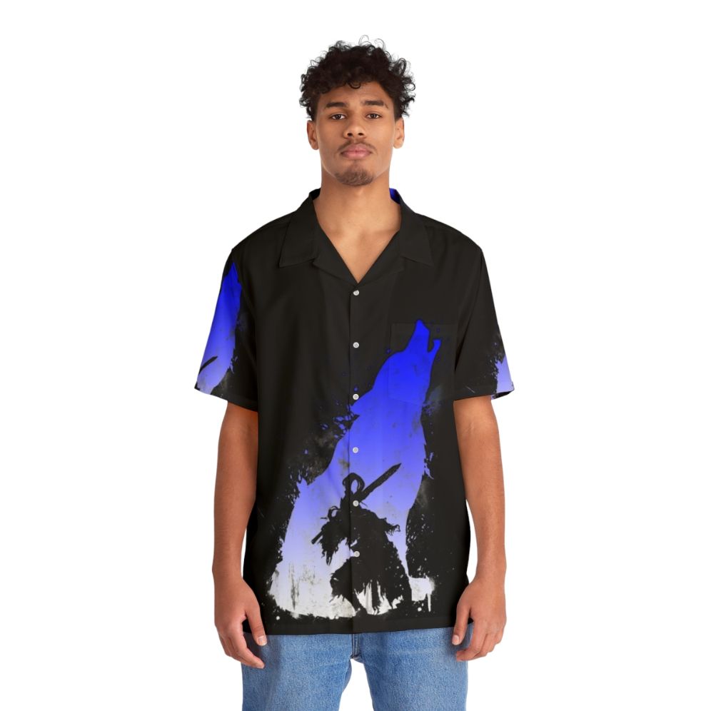 Dark Souls inspired blue and white Hawaiian shirt with The Walker Of Abyss design - People Front