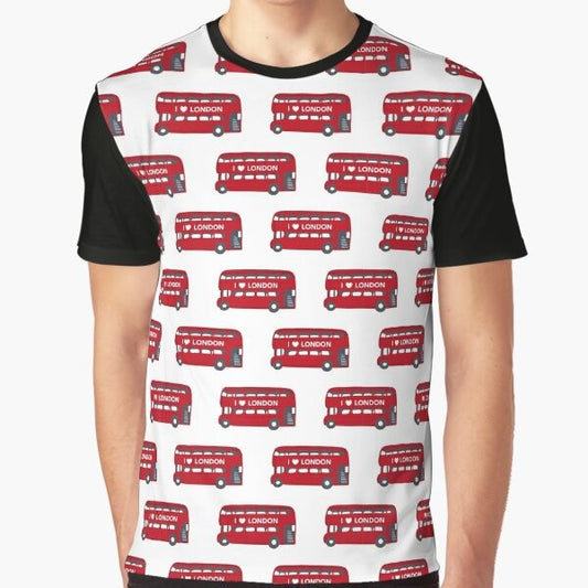 Graphic t-shirt featuring a red London bus pattern design