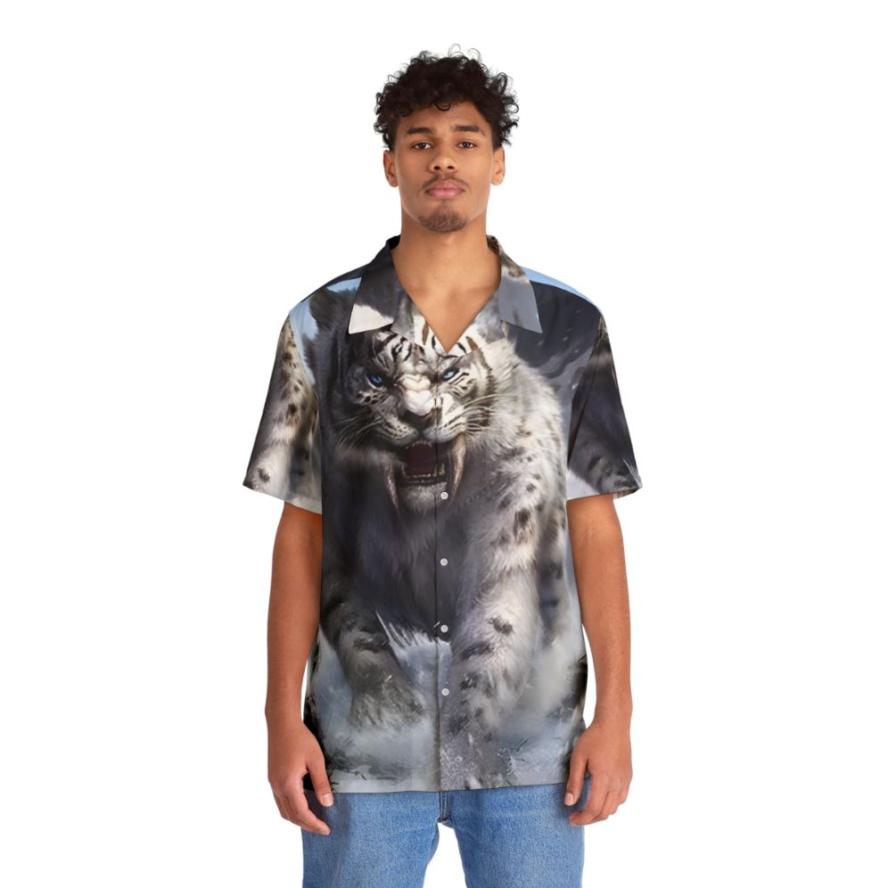 Mythical White Sabertooth Tiger on Hawaiian Shirt - People Front