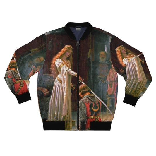 The Accolade Medieval Knight Bomber Jacket featuring a kneeling knight in armor and sword, inspired by the artwork of Edmund Blair Leighton.