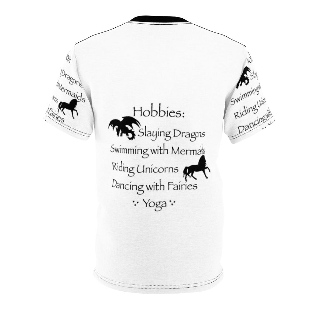 Vibrant all-over-print t-shirt featuring a fantasy-inspired design with hobbies, magic, and mythical creatures. - Back