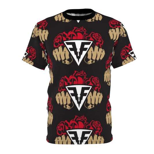 A t-shirt featuring a vibrant, abstract rose graphic design.