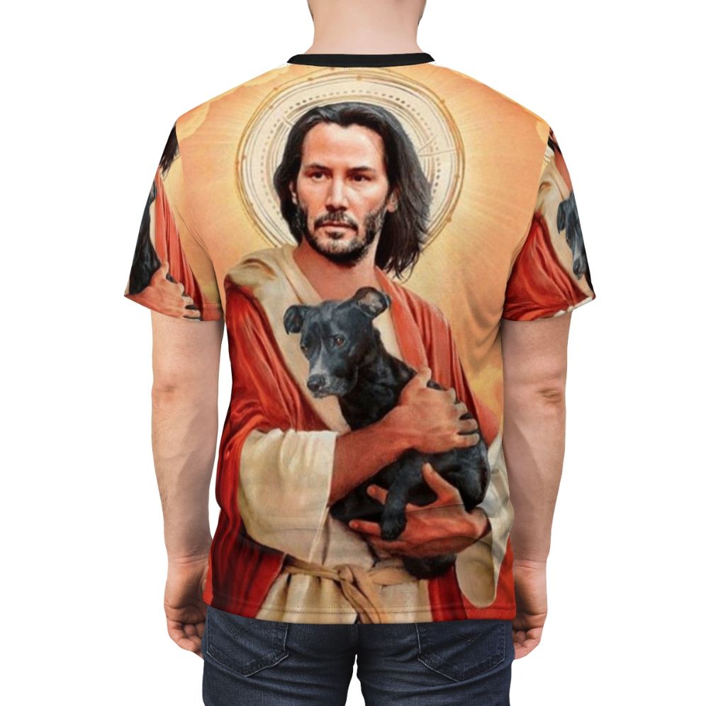 Unique graphic t-shirt design featuring Keanu Reeves and Jesus Christ - men back