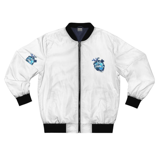 Bomber jacket with a design featuring ocean waves and an anatomical heart