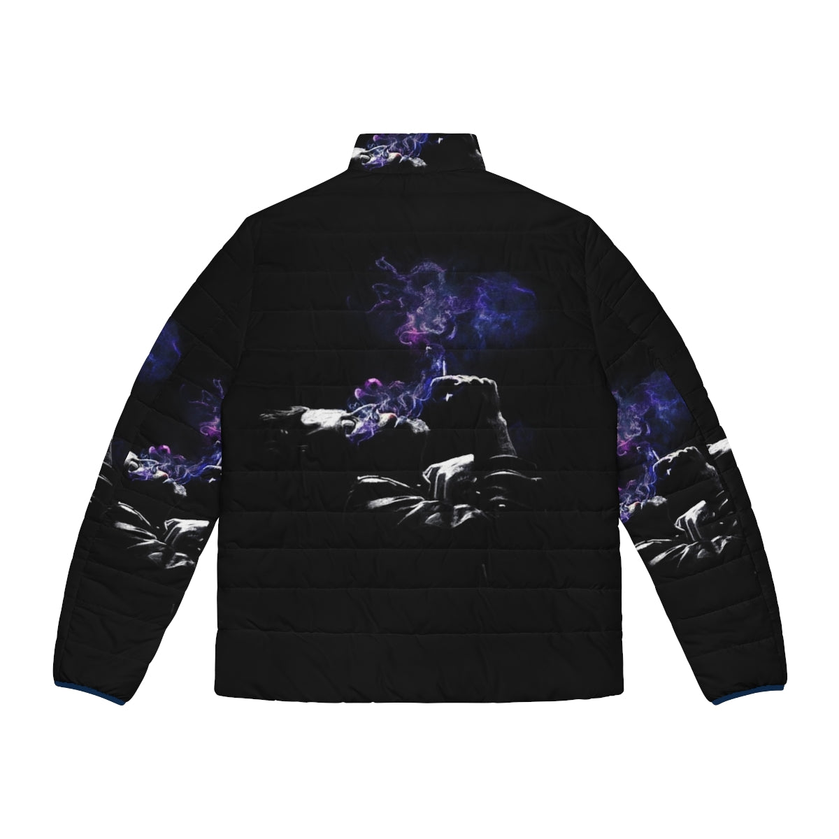 Photorealistic image of a Tom Waits-inspired puffer jacket with a smoking nebula design - Back