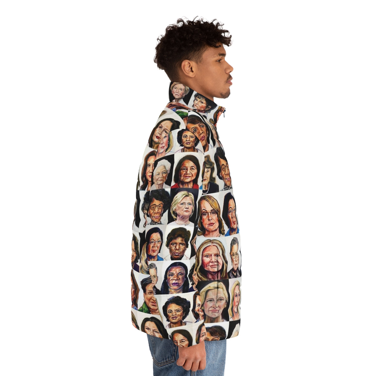 Sheroes 2020 Puffer Jacket with "Feminist" and "Democrat" tags - men side right