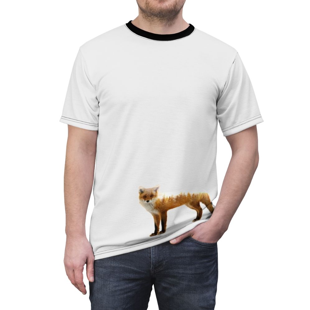 Stylish t-shirt featuring a double exposure design of a majestic forest fox against a nature backdrop - men front