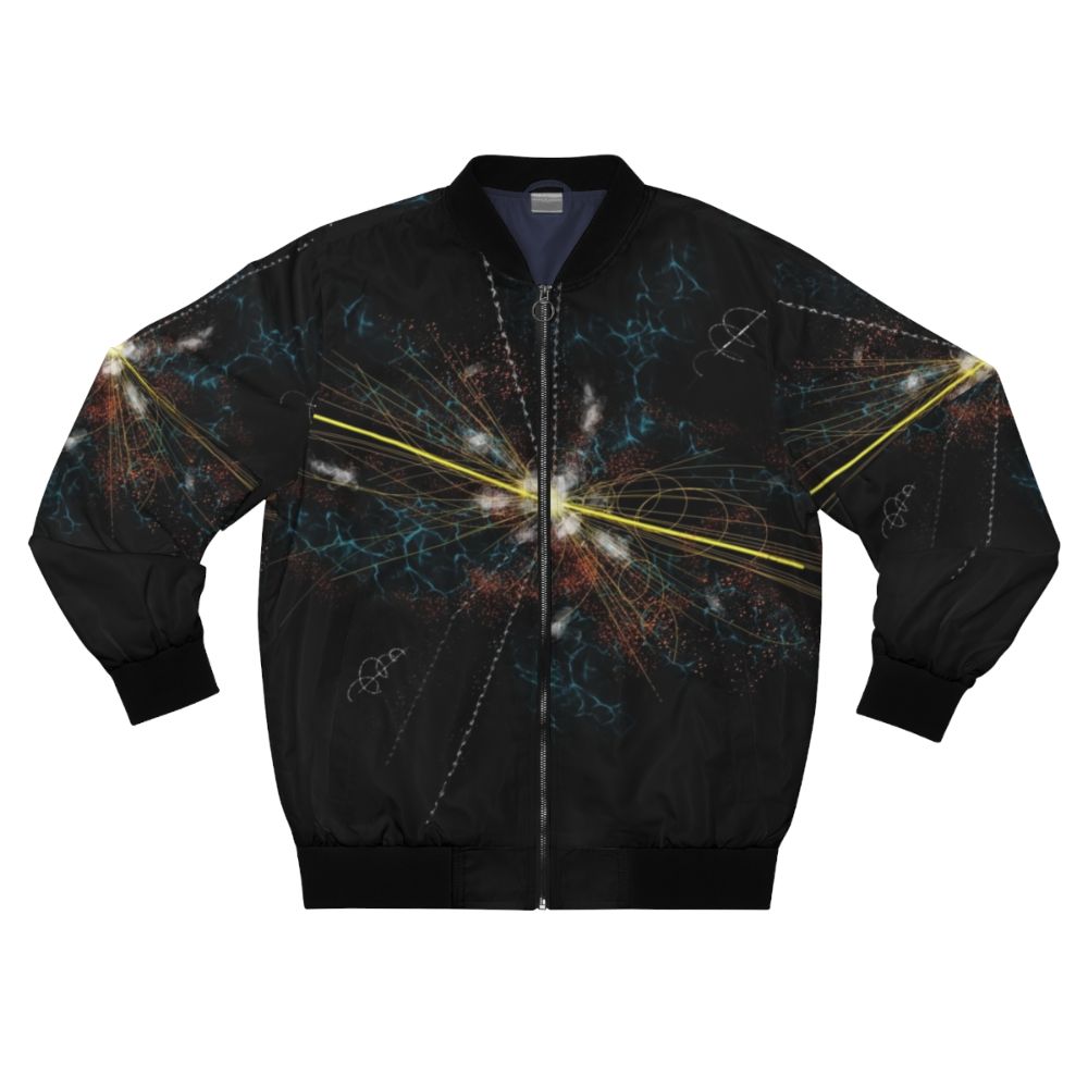 A bomber jacket featuring the Higgs boson, a fundamental particle in quantum physics.