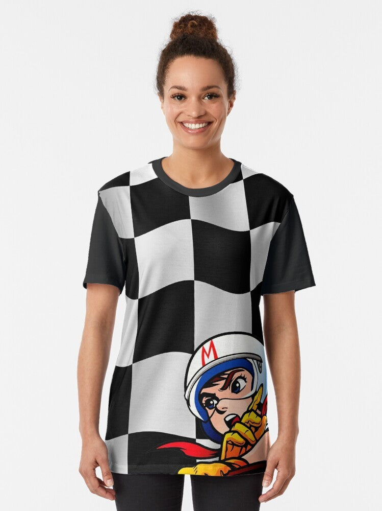 A graphic t-shirt featuring the iconic Speed Racer checkered flag design - Women