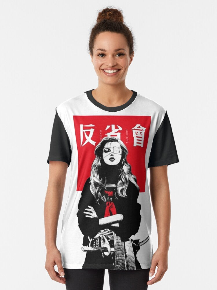 Cyberpunk Japanese urban style graphic t-shirt featuring a samurai girl in a futuristic, vaporwave-inspired design - Women