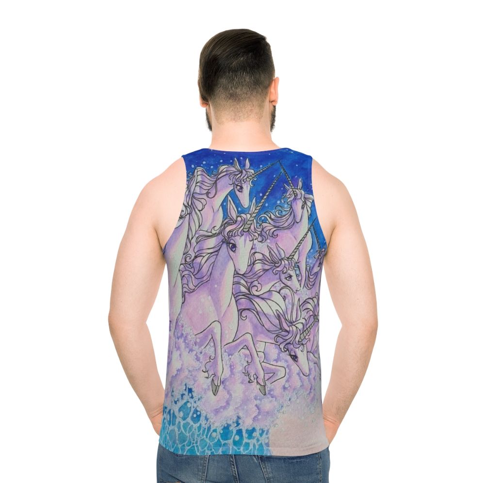 Unisex unicorn tank top with watercolor sea and fantasy design - men back