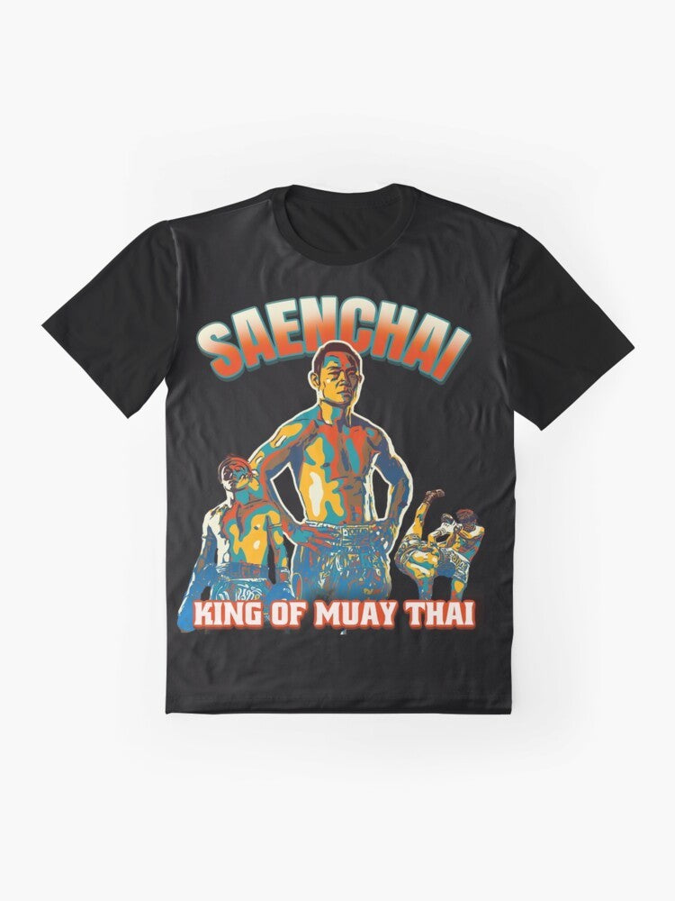 Saenchai, the legendary Muay Thai kickboxing champion, depicted in a graphic design on a t-shirt - Flat lay