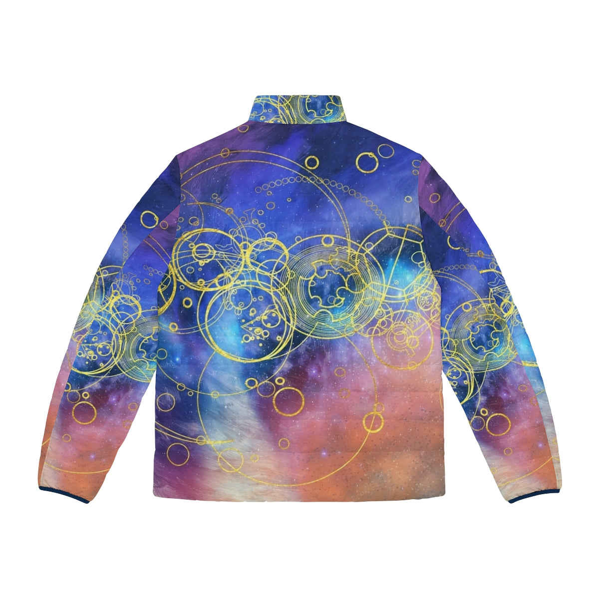 Puffer jacket featuring swirling vortex hues and Gallifreyan symbols, a must-have for Doctor Who fans. - Back