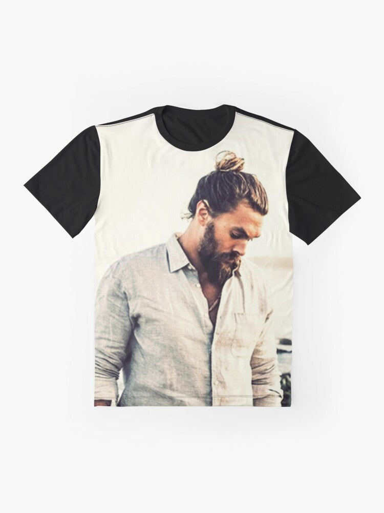 Jason Momoa inspired graphic t-shirt featuring beach, ocean, and "good vibes" design - Flat lay