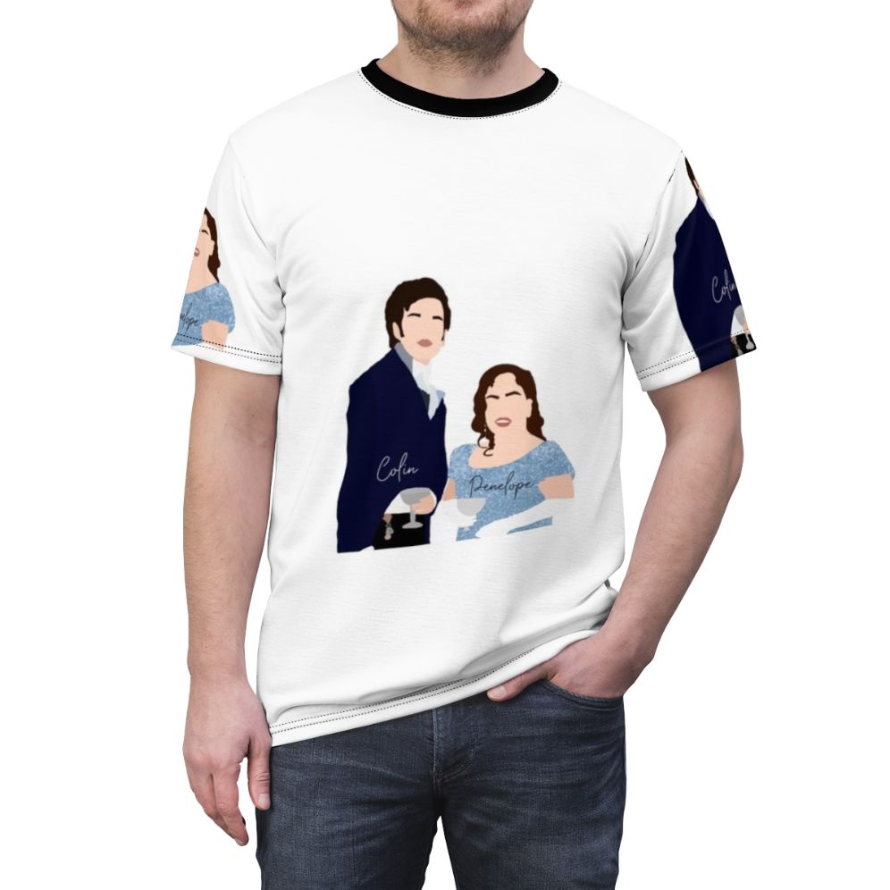 Bridgerton inspired AOP t-shirt featuring Penelope Featherington and Colin Bridgerton smiling - men front