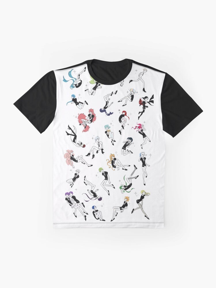 Land of the Lustrous Inspired Graphic T-Shirt with Cute Phos, Phosphophyllite, Diamond, and Cinnabar Characters - Flat lay