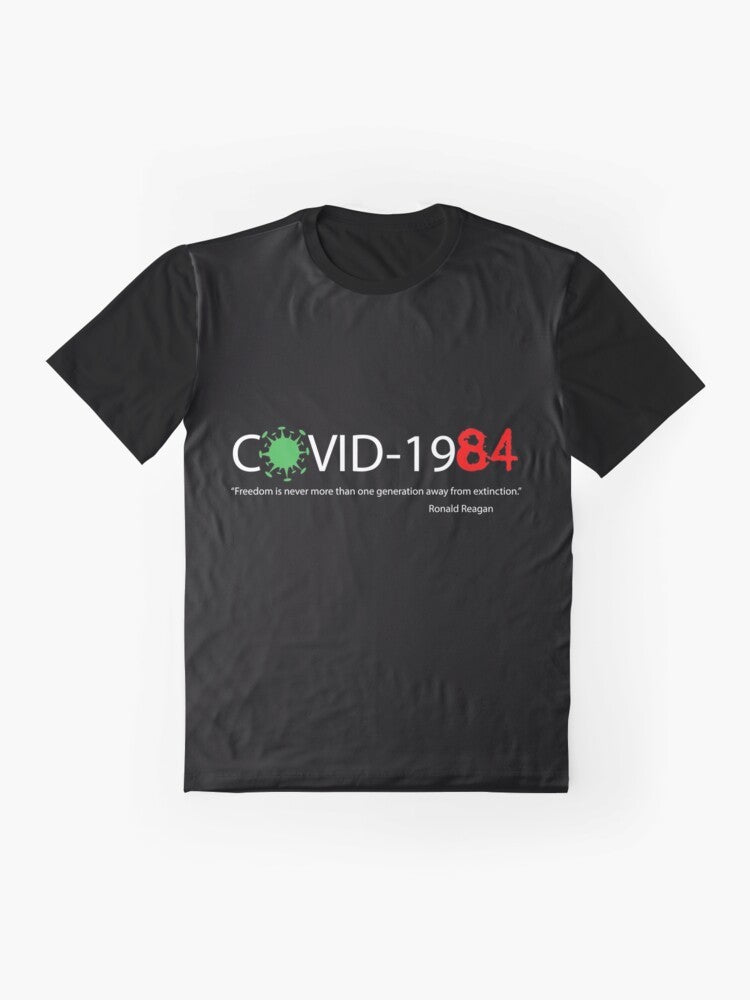 Covid 1984 Dystopia Graphic T-Shirt featuring a thought-provoking quote inspired by George Orwell's 1984. - Flat lay