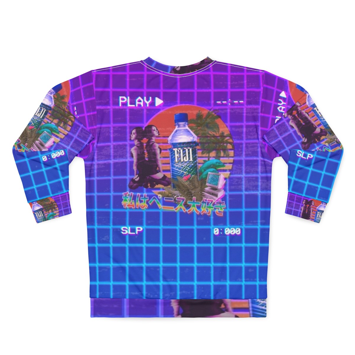 Vaporwave Fiji Bottle Sweatshirt featuring a 90s inspired, 3D cyberpunk aesthetic - Back