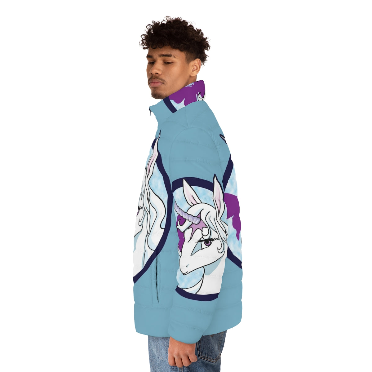 A cozy white and blue puffer jacket featuring the iconic unicorn from The Last Unicorn - men side left