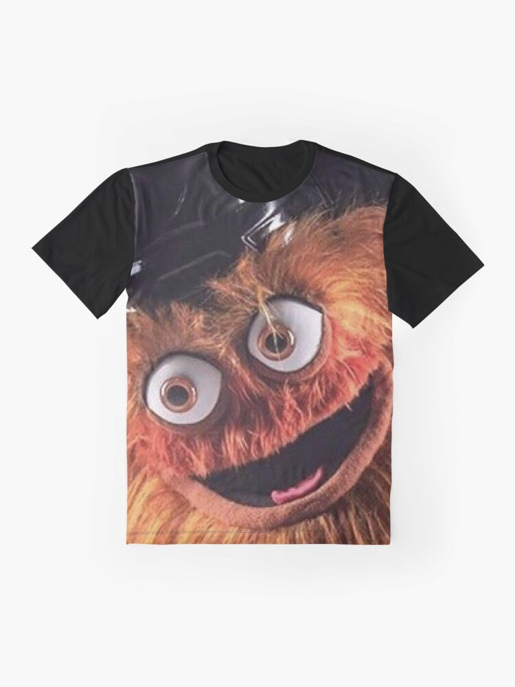 Gritty, the Philadelphia Flyers' new mascot, with a bold, graphic design on a t-shirt. - Flat lay