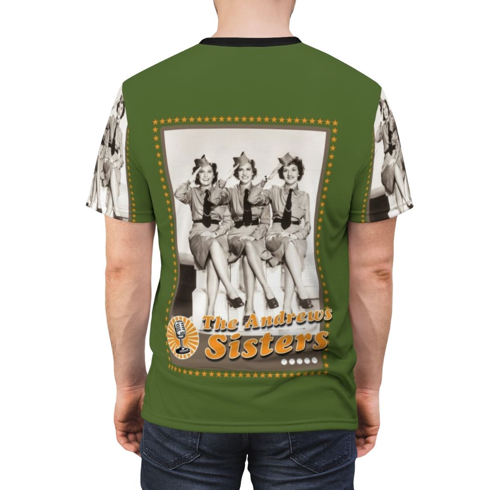 Vintage-style t-shirt featuring a tribute design to the iconic American singing trio, The Andrews Sisters. - men back