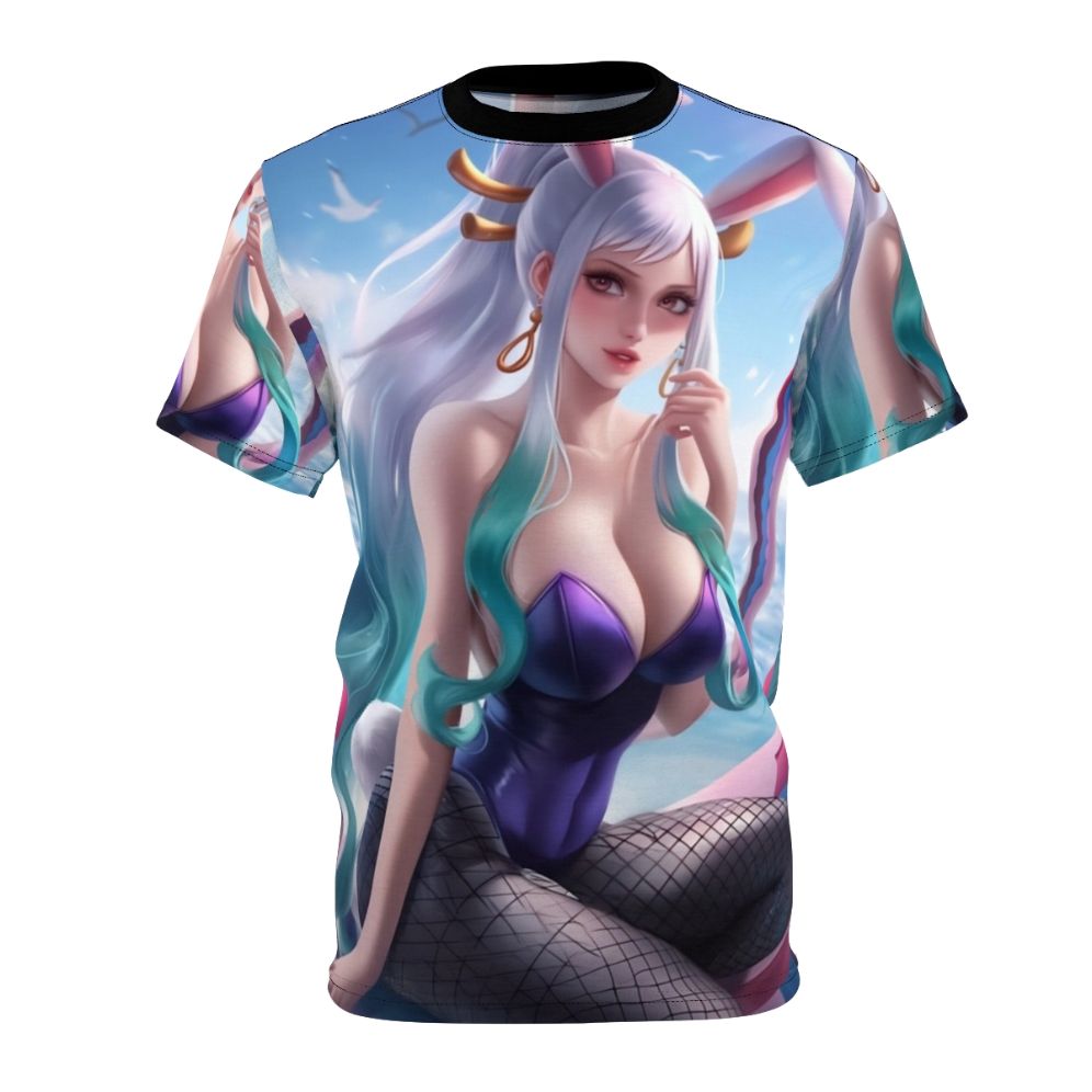 Anime-inspired t-shirt featuring a captivating oni-like character in fishnets and a bunny-themed outfit.