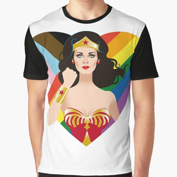 Pride LGBTQ Graphic T-Shirt featuring a colorful rainbow design and the words "Pride, Love, LGBTQ"