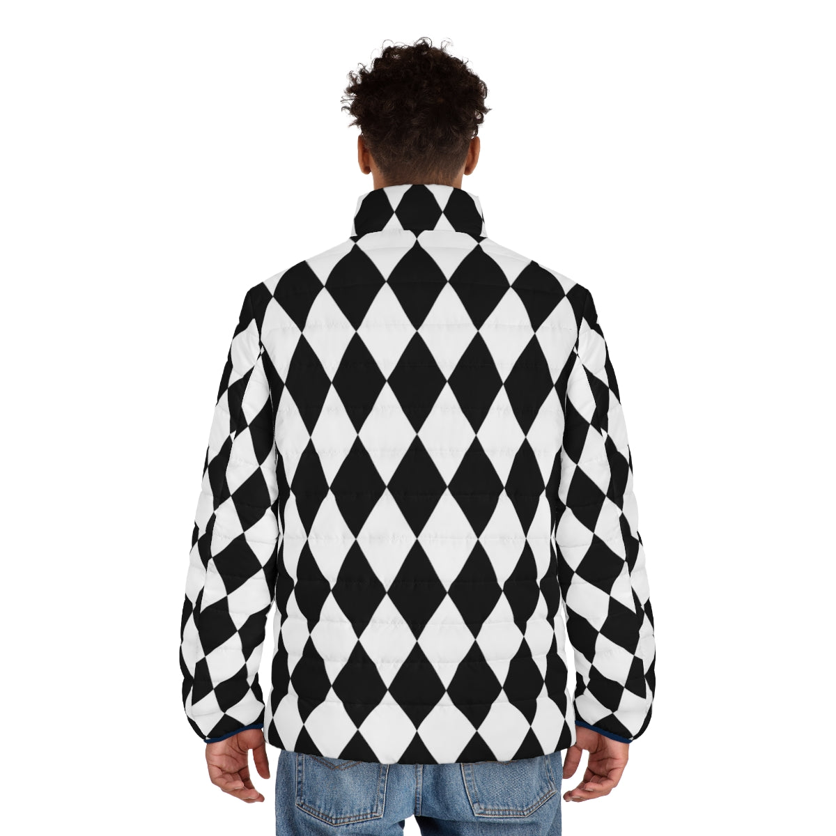 Black and white harlequin diamond pattern puffer jacket - men back