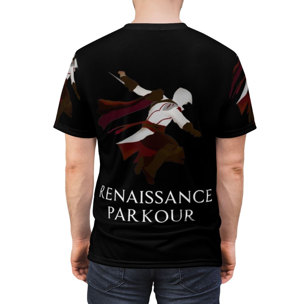 Renaissance-inspired Parkour Assassin themed t-shirt design - men back