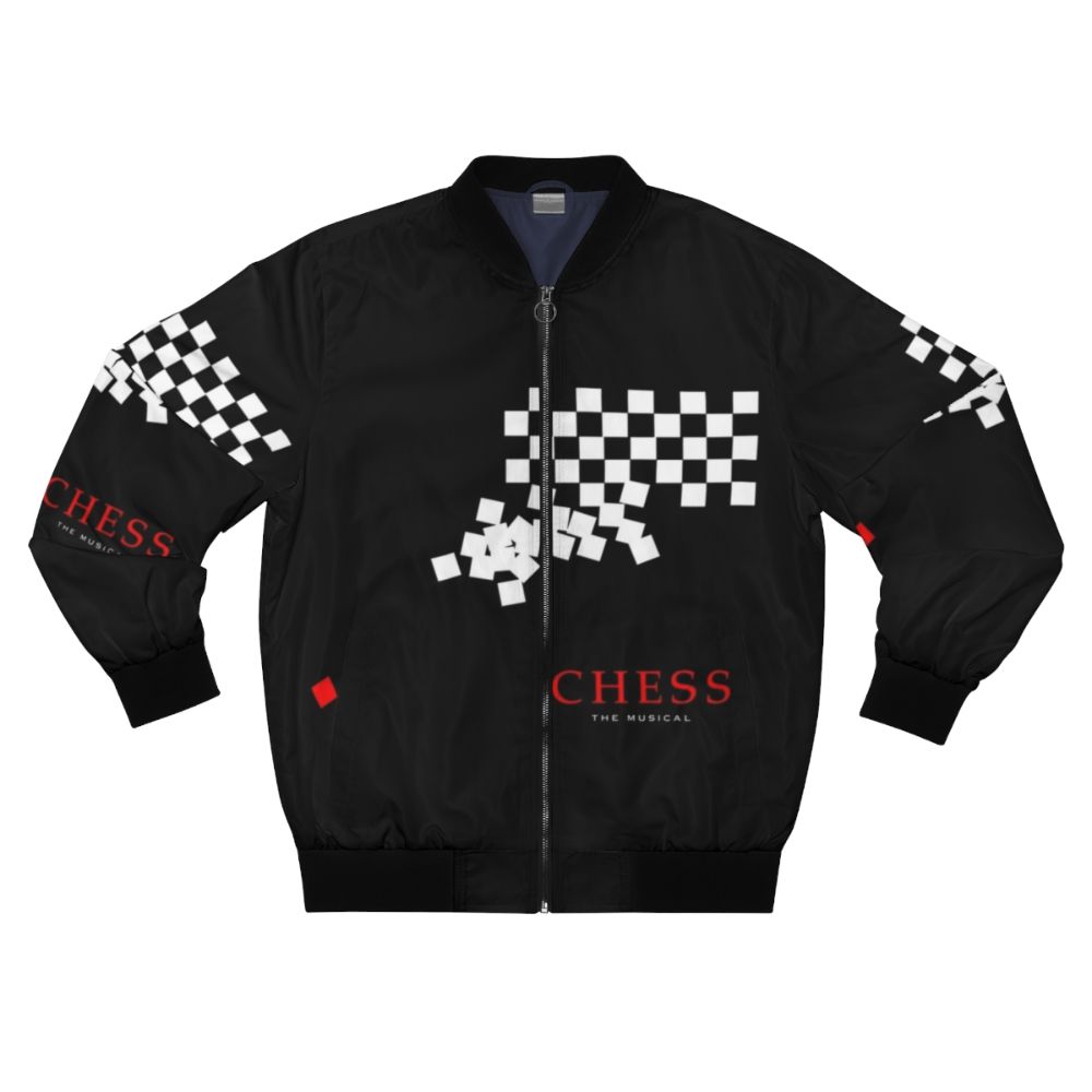 A bomber jacket featuring the logo and imagery from the classic Broadway musical "Chess"