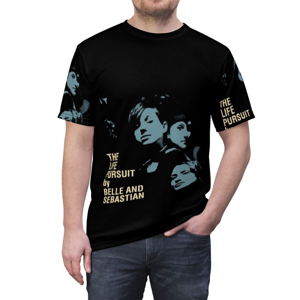 Indie-inspired AOP t-shirt design featuring the band Belle and Sebastian - men front