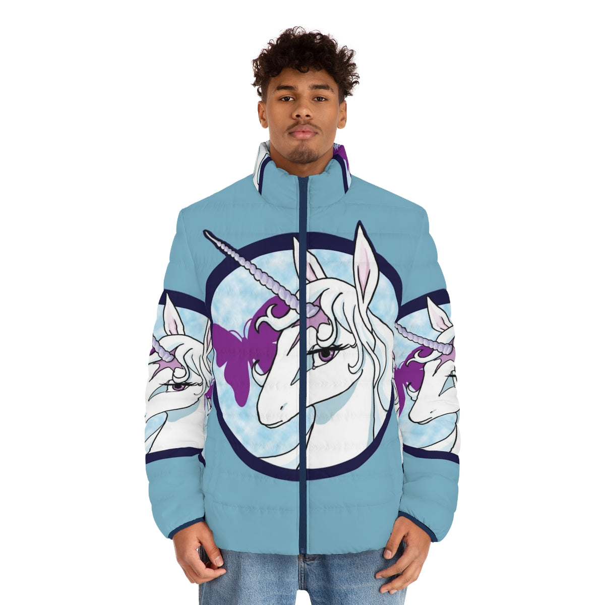 A cozy white and blue puffer jacket featuring the iconic unicorn from The Last Unicorn - men front