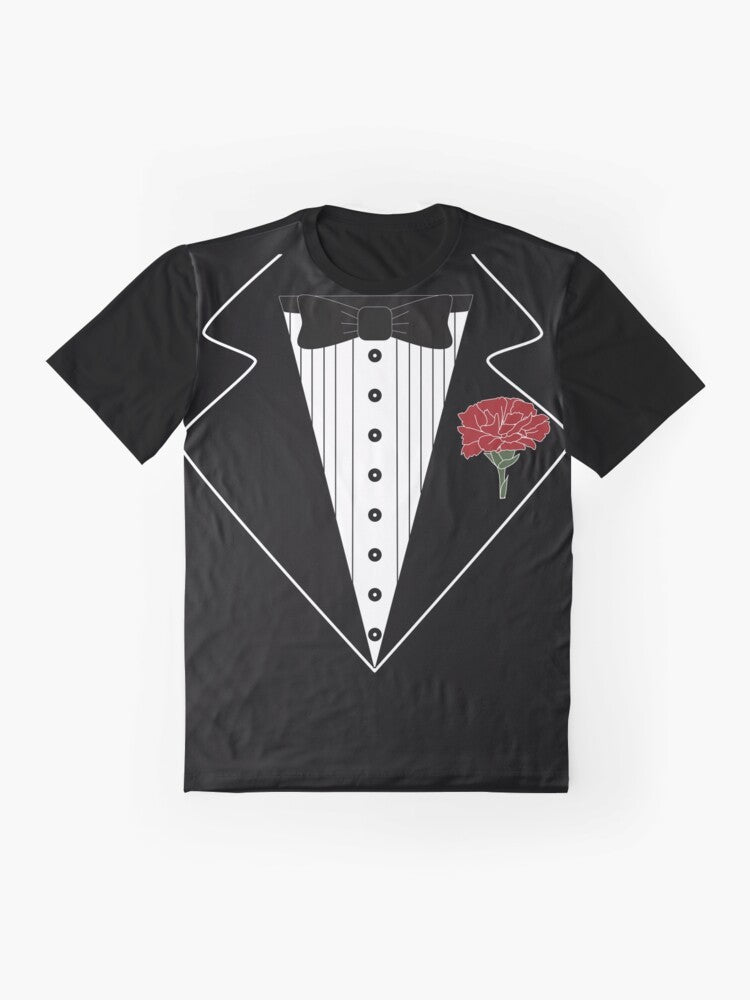 Funny tuxedo graphic t-shirt for men, featuring a playful tuxedo design - Flat lay