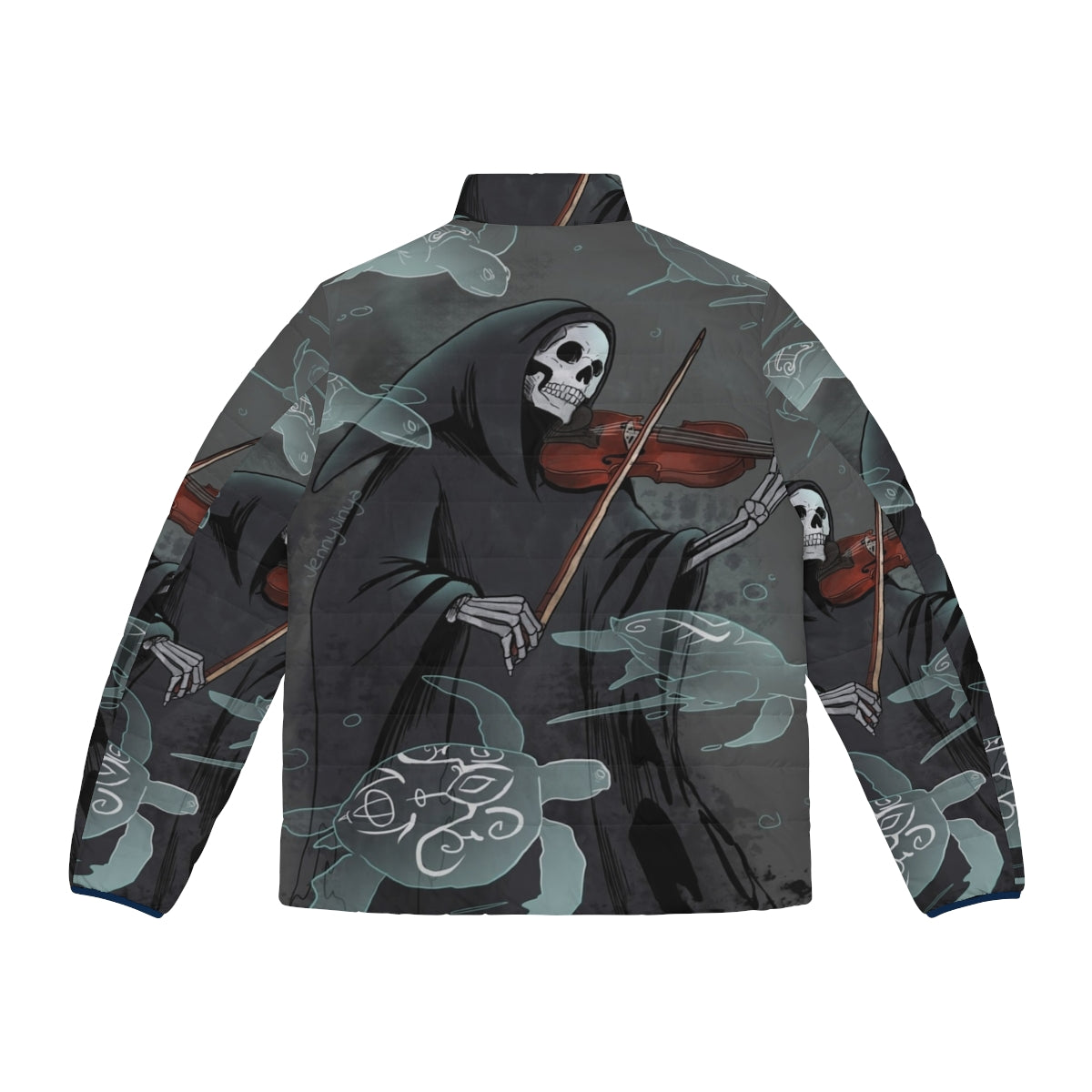 A dark and moody puffer jacket with a symphony and grim reaper design - Back